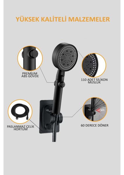 5 Fonksiyonlu Duş Başlığı ve Askı, 1,5m Siyah Örgülü Hortum, 3'lü Set