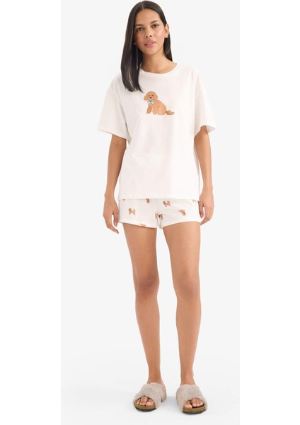 Pijama Takımı Kısa Kollu Üst Beli Lastikli Şort-Fall in Love E9826AX25SM