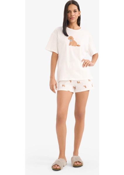 Pijama Takımı Kısa Kollu Üst Beli Lastikli Şort-Fall in Love E9826AX25SM