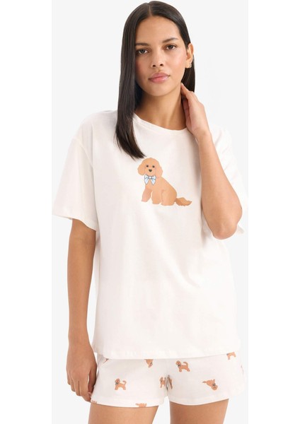 Pijama Takımı Kısa Kollu Üst Beli Lastikli Şort-Fall in Love E9826AX25SM