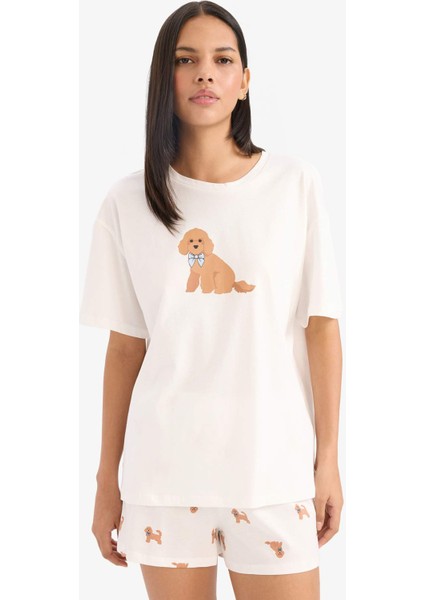 Pijama Takımı Kısa Kollu Üst Beli Lastikli Şort-Fall in Love E9826AX25SM