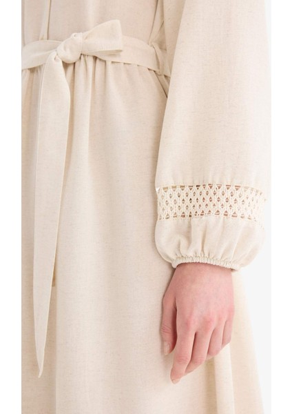 Regular Fit Hakim Yaka Kuşaklı Keten Karışımlı Uzun Kollu Tesettür Elbise A6647AX25SM