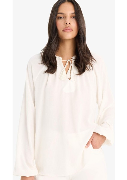 Regular Fit Bisiklet Yaka Krinkıl Kumaş Uzun Kollu Bluz E9429AX25SM