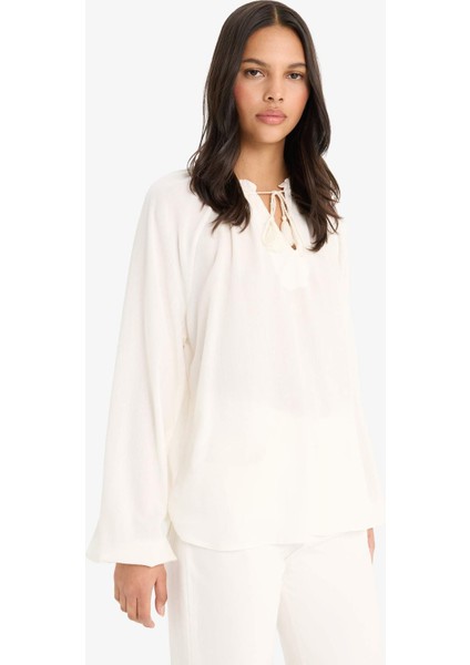 Regular Fit Bisiklet Yaka Krinkıl Kumaş Uzun Kollu Bluz E9429AX25SM