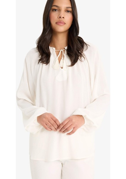 Regular Fit Bisiklet Yaka Krinkıl Kumaş Uzun Kollu Bluz E9429AX25SM