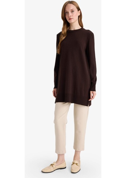 Regular Fit Bisiklet Yaka Yırtmaçlı Basic Düz Triko Kazak Tunik H3431AZ25WN