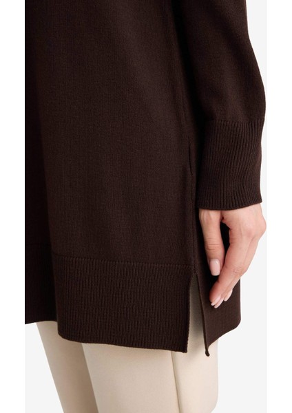 Regular Fit Bisiklet Yaka Yırtmaçlı Basic Düz Triko Kazak Tunik H3431AZ25WN