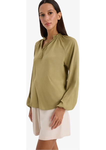 Regular Fit Bağcıklı Yaka Krinkıl Kumaş Uzun Kollu Bluz E9429AX25SM