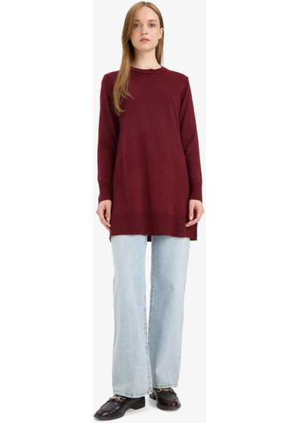 Regular Fit Bisiklet Yaka Yırtmaçlı Basic Düz Triko Kazak Tunik H3431AZ25WN