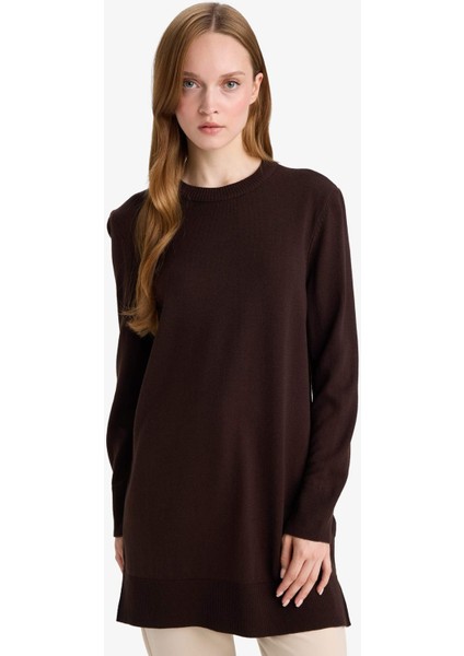 Regular Fit Bisiklet Yaka Yırtmaçlı Basic Düz Triko Kazak Tunik H3431AZ25WN