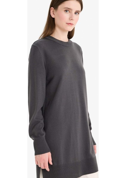 Regular Fit Bisiklet Yaka Yırtmaçlı Basic Düz Triko Kazak Tunik