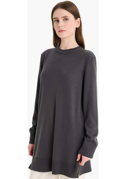 Regular Fit Bisiklet Yaka Yırtmaçlı Basic Düz Triko Kazak Tunik