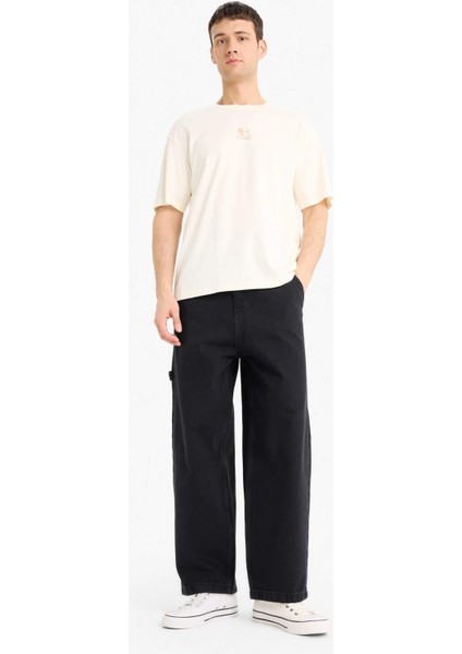 %100 Pamuk Boxy Fit Rahat Kesim Bisiklet Yaka Sırt Baskılı Kısa Kollu Tişört F1093AX25AU