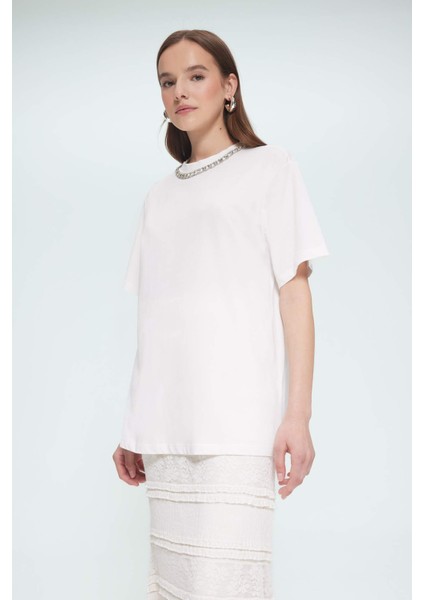 Regular Fit Taş İşleme Detaylı Bisiklet Yaka Kısa Kollu Tunik F1801AX25SM