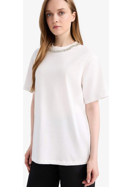 Regular Fit Taş İşleme Detaylı Bisiklet Yaka Kısa Kollu Tunik F1801AX25SM