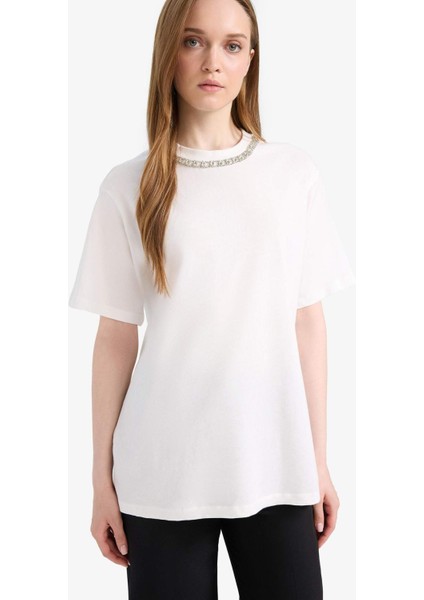 Regular Fit Taş İşleme Detaylı Bisiklet Yaka Kısa Kollu Tunik F1801AX25SM