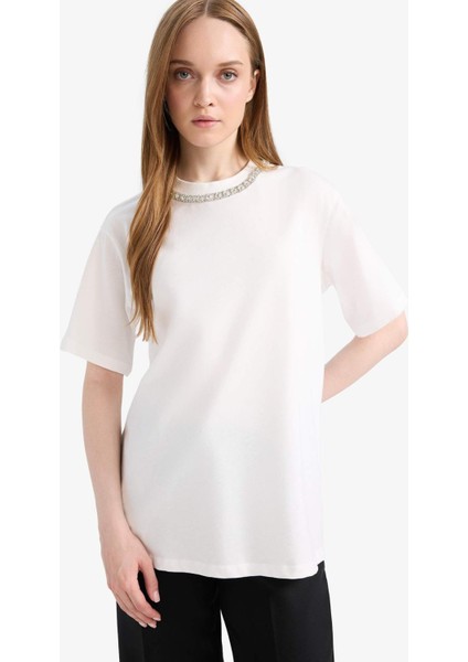 Regular Fit Taş İşleme Detaylı Bisiklet Yaka Kısa Kollu Tunik F1801AX25SM