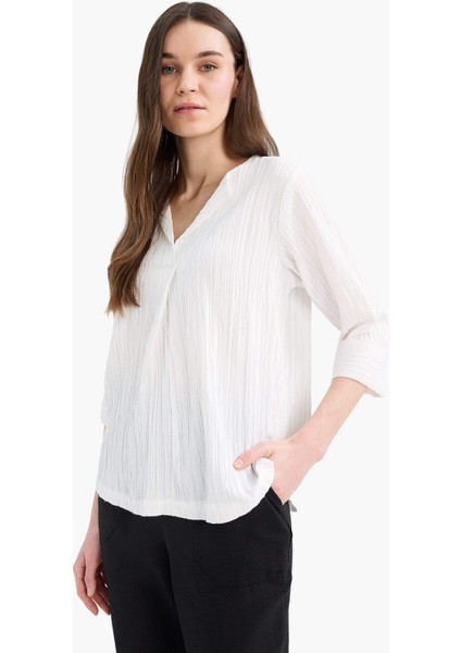 Regular Fit Kaçık Yaka Basic Düz Yarım Kollu Bluz F1752AX25SP