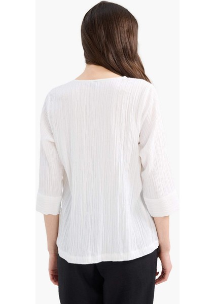 Regular Fit Kaçık Yaka Basic Düz Yarım Kollu Bluz F1752AX25SP