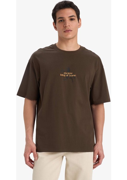 %100 Pamuk Boxy Fit Rahat Kesim Bisiklet Yaka Sırt Baskılı Kısa Kollu Tişört F1094AX25AU