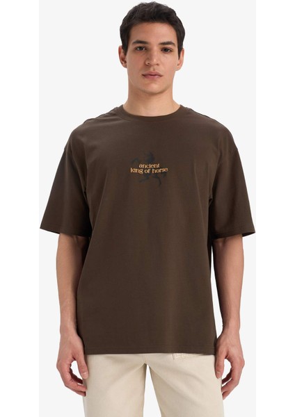 %100 Pamuk Boxy Fit Rahat Kesim Bisiklet Yaka Sırt Baskılı Kısa Kollu Tişört F1094AX25AU