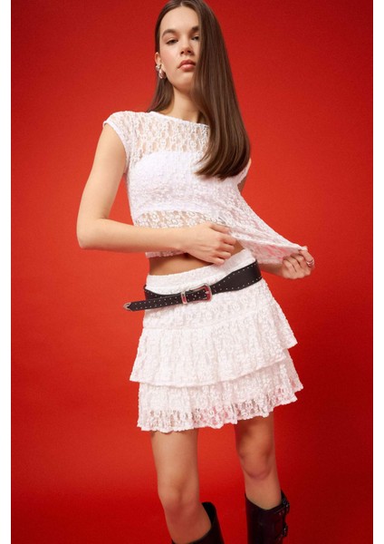 Coool Fitted Crop Dantel Kısa Kollu Beyaz Bluz F1778AX25SM