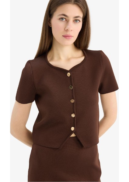 Fitted Bisiklet Yaka Düğmeli Kısa Kollu Triko Hırka F1882AX25SM