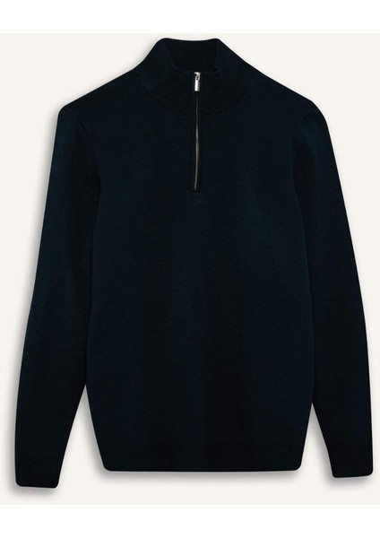Standart Fit Normal Kesim Dik Yaka Yarım Fermuarlı Basic Düz Triko Kazak A5184AX25AU