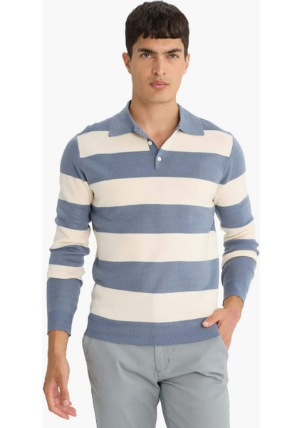 Standart Fit Polo Yaka Düğmeli Renk Bloklu Triko Kazak Y4194AZ25WN
