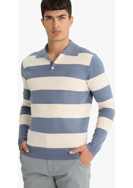 Standart Fit Polo Yaka Düğmeli Renk Bloklu Triko Kazak Y4194AZ25WN