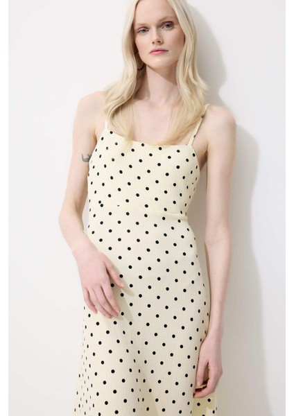 U Yaka Puantiyeli Bürümcük Askılı Maxi Elbise E9852AX25SM