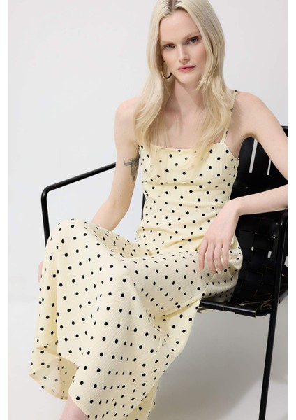 U Yaka Puantiyeli Bürümcük Askılı Maxi Elbise E9852AX25SM