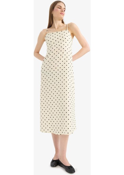 U Yaka Puantiyeli Bürümcük Askılı Maxi Elbise E9852AX25SM