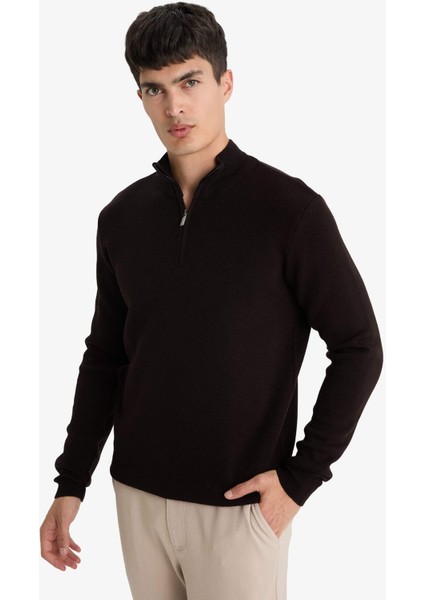 Standart Fit Normal Kesim Dik Yaka Yarım Fermuarlı Basic Düz Triko Kazak A5184AX25AU