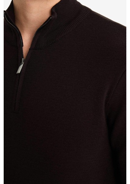 Standart Fit Normal Kesim Dik Yaka Yarım Fermuarlı Basic Düz Triko Kazak A5184AX25AU