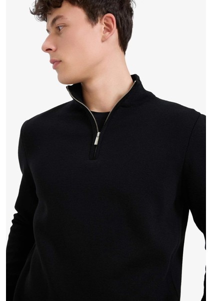 Standart Fit Normal Kesim Dik Yaka Yarım Fermuarlı Basic Düz Triko Kazak A5184AX25AU