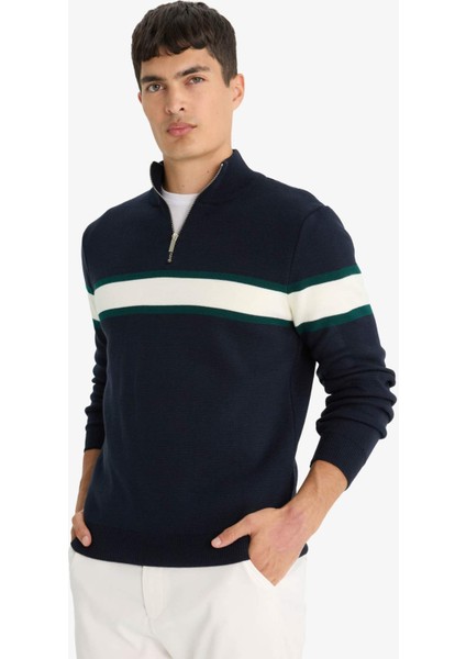 Standart Fit Dik Yaka Fermuarlı Renk Bloklu Triko Kazak Y4193AZ25WN