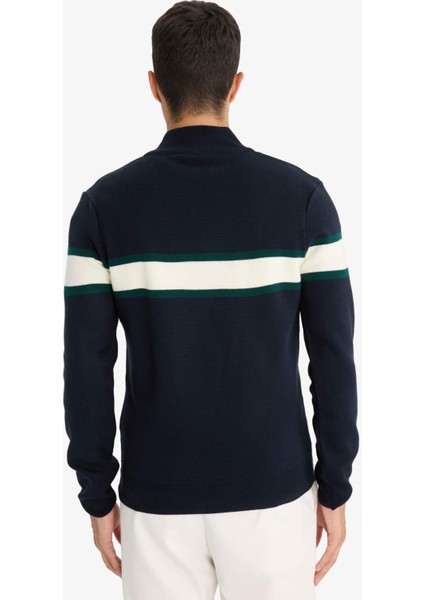 Standart Fit Dik Yaka Fermuarlı Renk Bloklu Triko Kazak Y4193AZ25WN