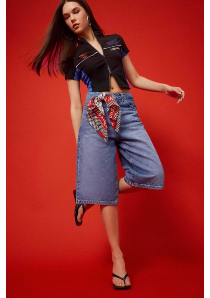 Coool Fitted Fermuarlı Dik Yaka Baskılı Kısa Kollu Hırka F1969AX25SM