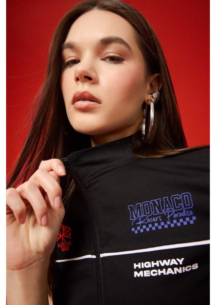 Coool Fitted Fermuarlı Dik Yaka Baskılı Kısa Kollu Hırka F1969AX25SM