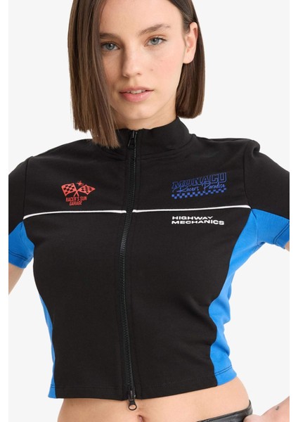 Coool Fitted Fermuarlı Dik Yaka Baskılı Kısa Kollu Hırka F1969AX25SM