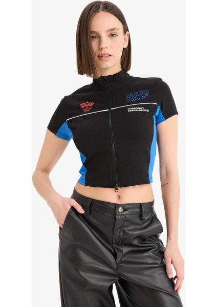 Coool Fitted Fermuarlı Dik Yaka Baskılı Kısa Kollu Hırka F1969AX25SM