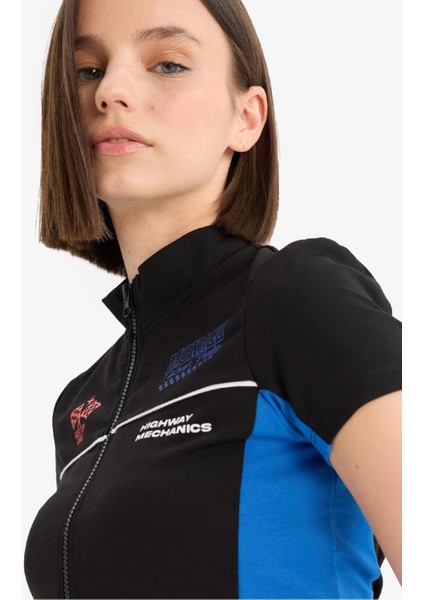 Coool Fitted Fermuarlı Dik Yaka Baskılı Kısa Kollu Hırka F1969AX25SM