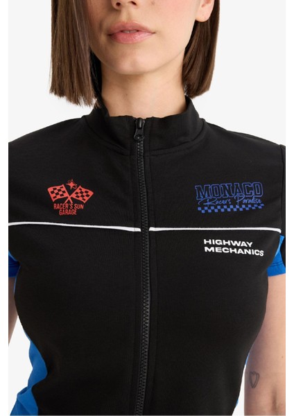 Coool Fitted Fermuarlı Dik Yaka Baskılı Kısa Kollu Hırka F1969AX25SM