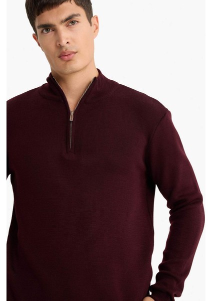 Standart Fit Normal Kesim Dik Yaka Yarım Fermuarlı Basic Düz Triko Kazak A5184AX25AU