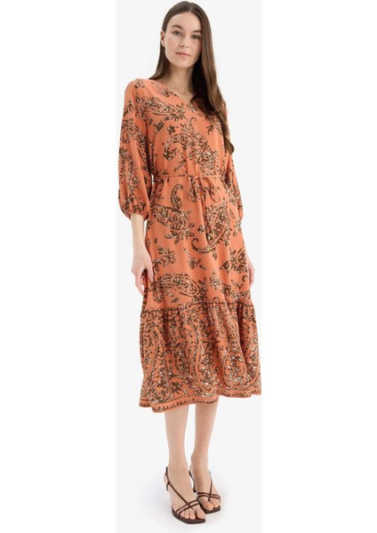 Regular Fit V Yaka Çiçek Desenli Yarım Kollu Midi Elbise F0985AX25SM