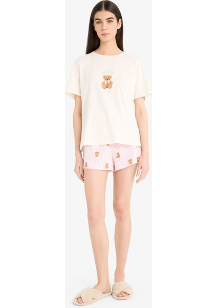 Pijama Takımı Kısa Kollu Baskılı Üst Beli Lastikli Şort-Fall in Love F1623AX25SM