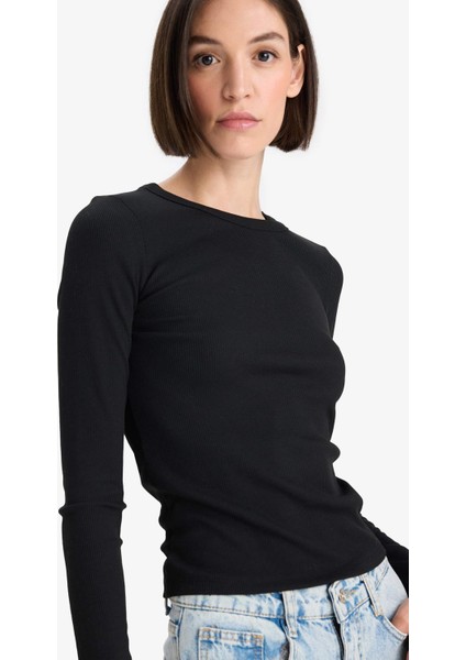 Slim Fit Dar Kesim Basic Düz Fitilli Kaşkorse Uzun Kollu Tişört E5767AX25AU