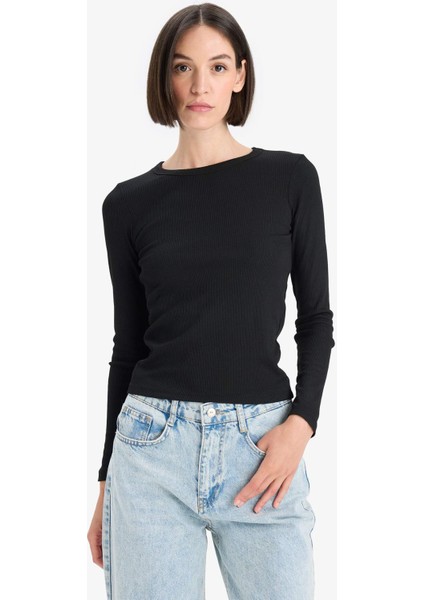 Slim Fit Dar Kesim Basic Düz Fitilli Kaşkorse Uzun Kollu Tişört E5767AX25AU