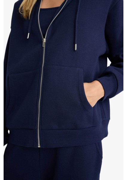 Relax Fit Kapüşonlu Basic Düz Kalın Fermuarlı Sweatshirt C1809AX25AU